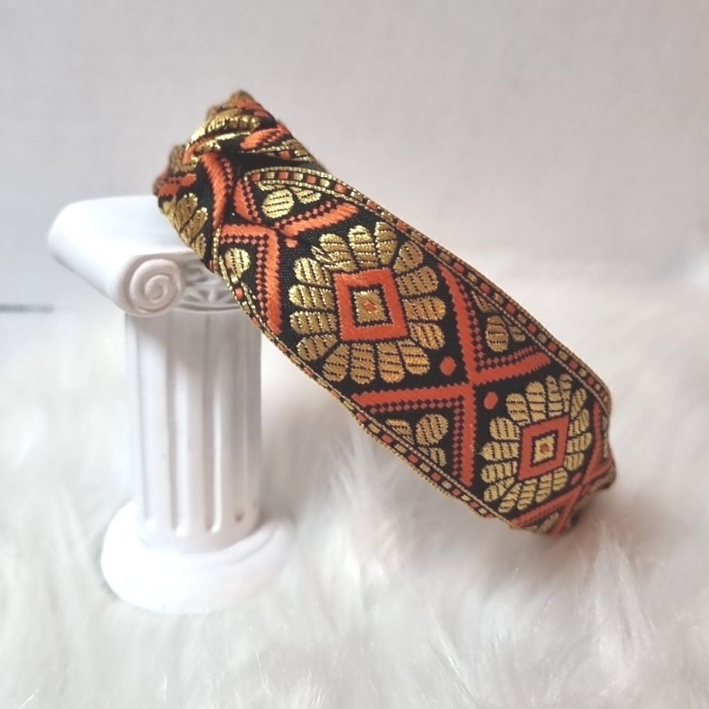 New! JEWELTONE JACQUARD SATIN FABRIC top knot orange gold black pattern headband